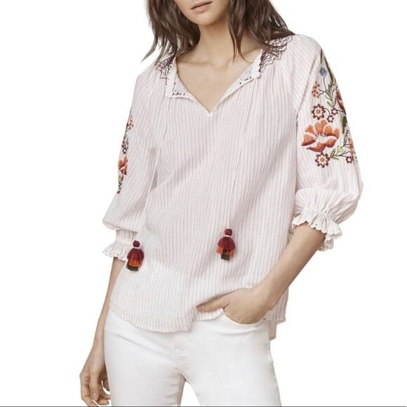 Velvet by Graham & Spencer Rina Embroidered Blouse Small Striped Tassel - Picture 1 of 9